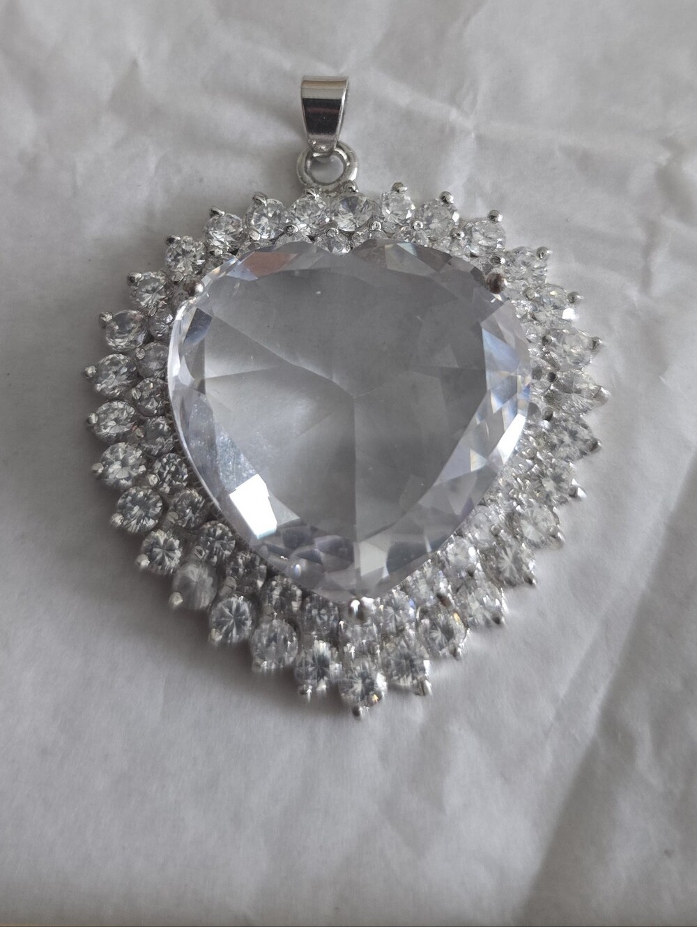 Oversized 18K White Gold Plated Clear CZ Double Halo Heart Pendant